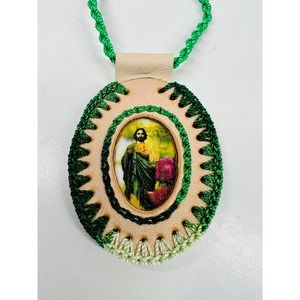 St Jude Leather Scapular Necklace Green Knotted Adjustable Rope Saint